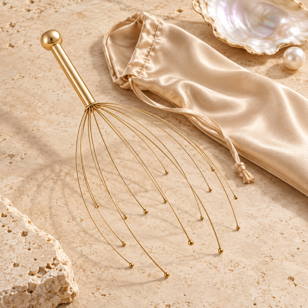 Golden Scalp Massager with Silk Pouch