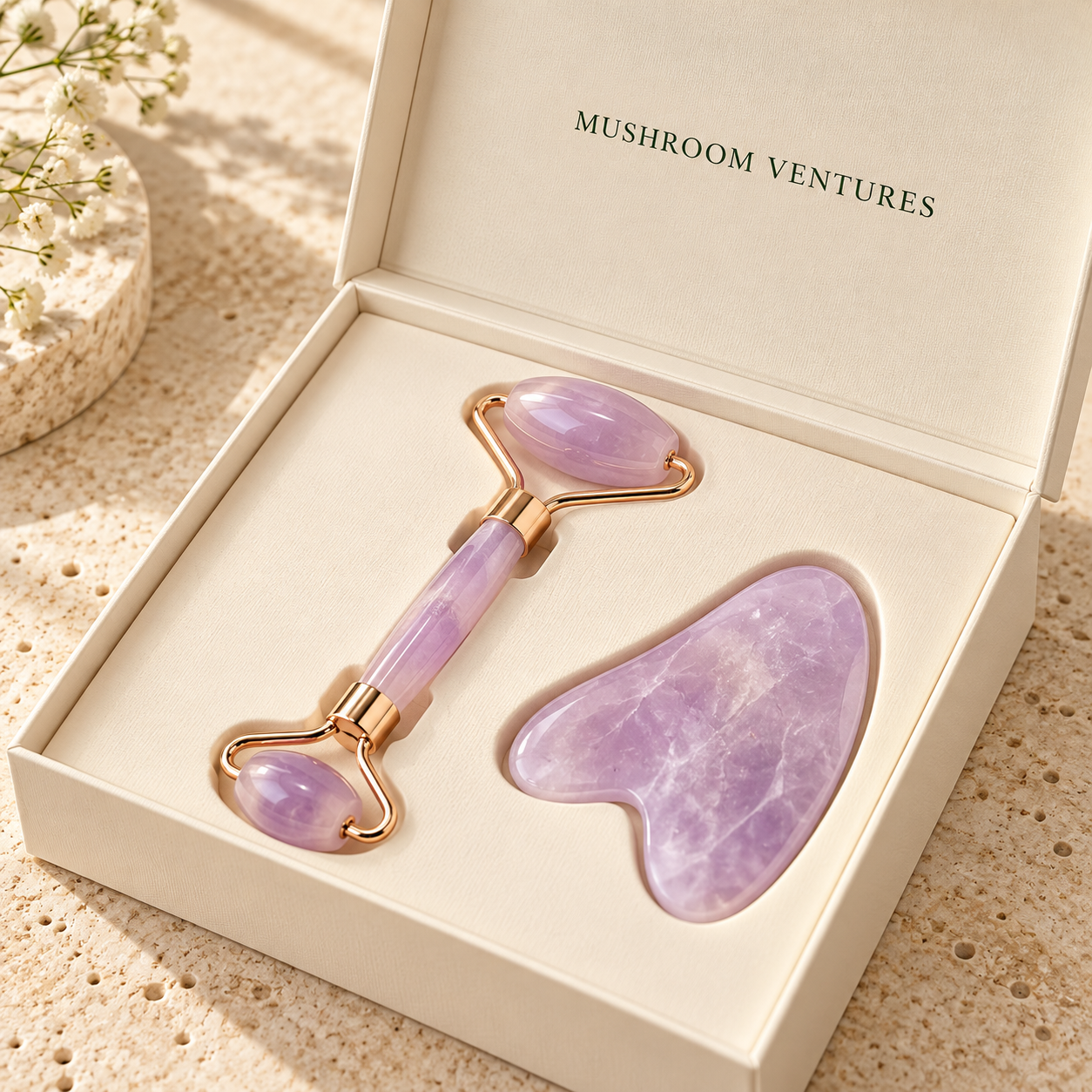 Quartz Facial Roller & Gua Sha – Mushroom Ventures Gift Set - Image 2